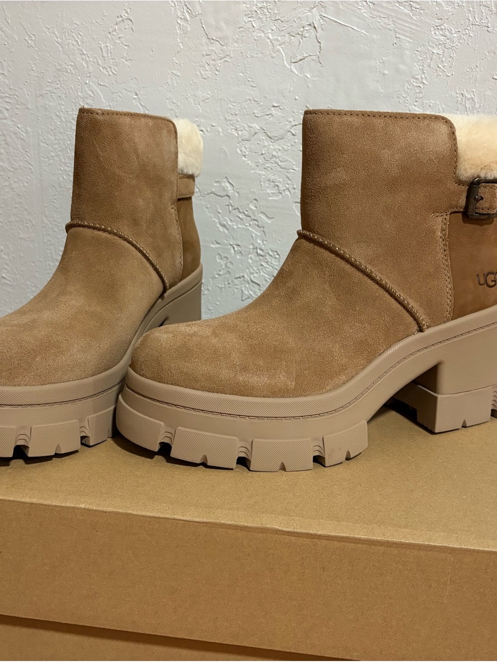 UGG Tan Suede Platform Lug Ankle Boots